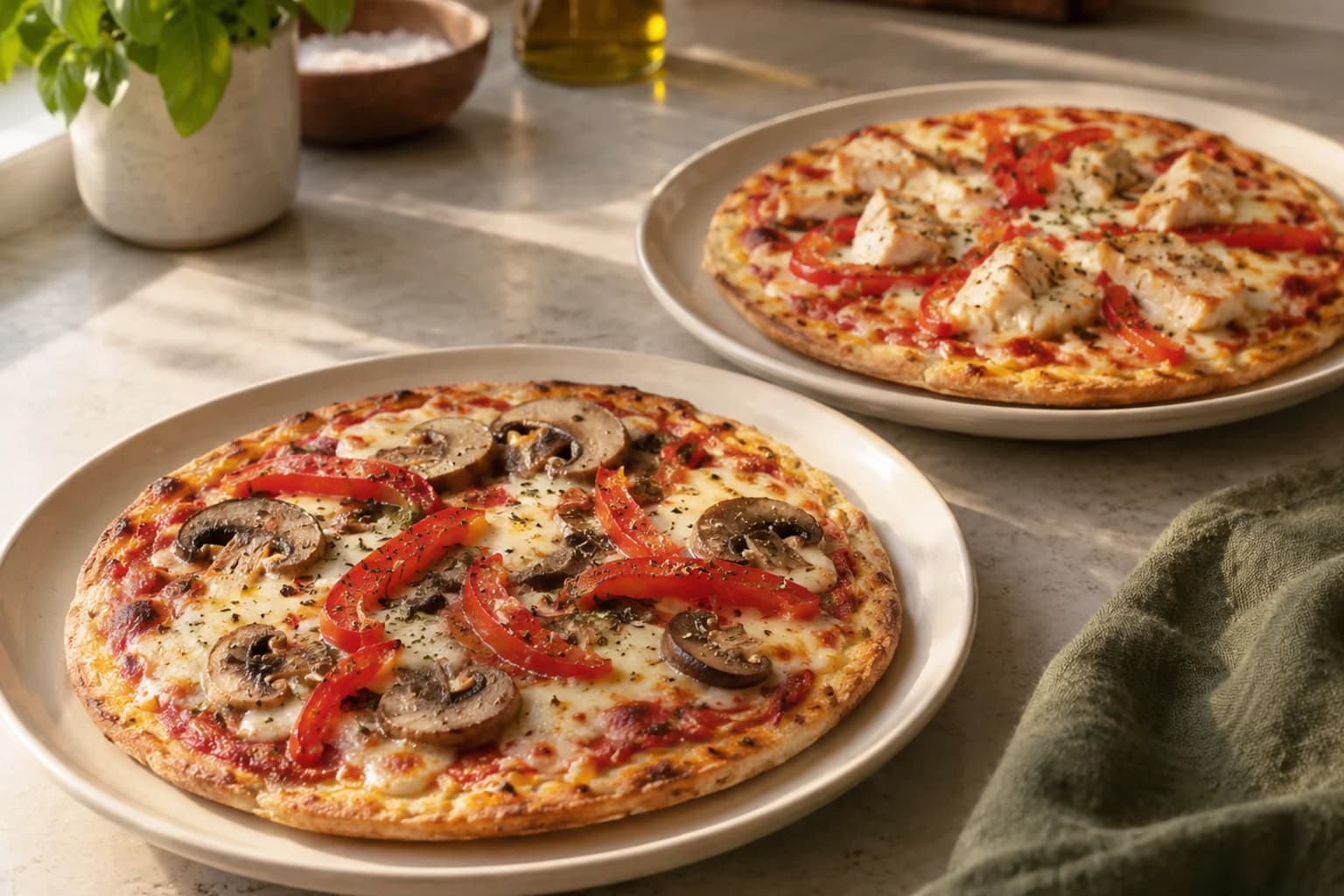 A vegetable pizza and a cooked chicken variation on separate plates