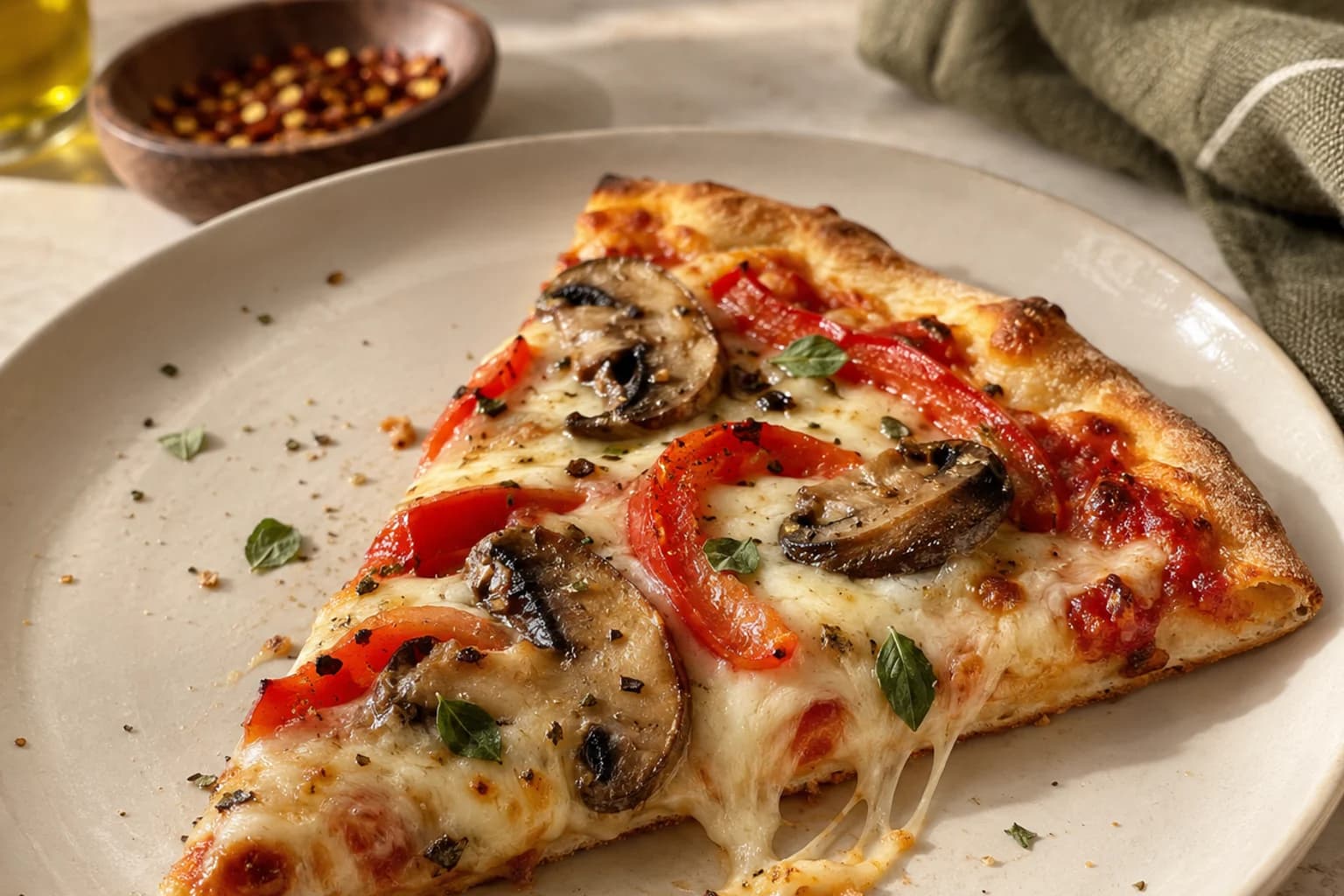 A triangular vegetable pizza slice showing melted mozzarella and a thin baked crust