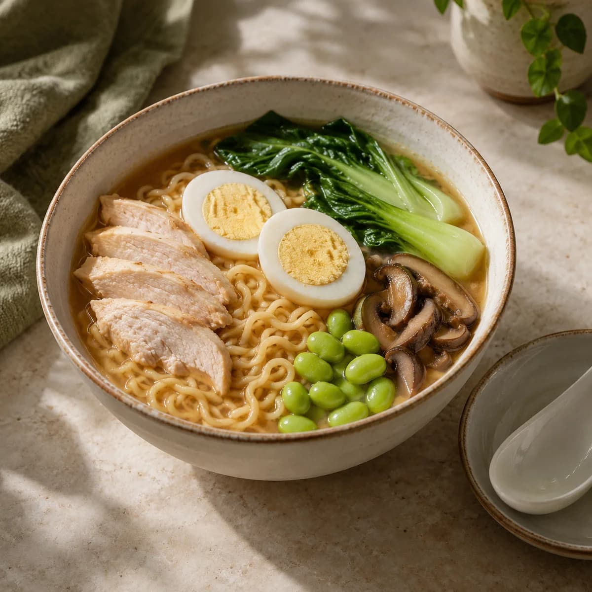 Chicken ramen with firm egg halves beside a ceramic spoon on a saucer