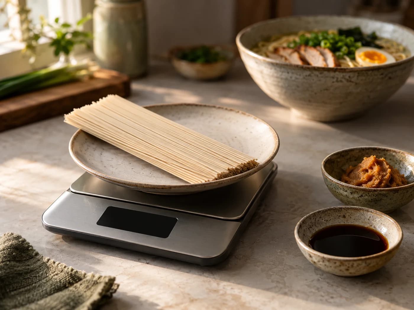 Dry ramen noodles on a kitchen scale with measured miso and soy sauce nearby