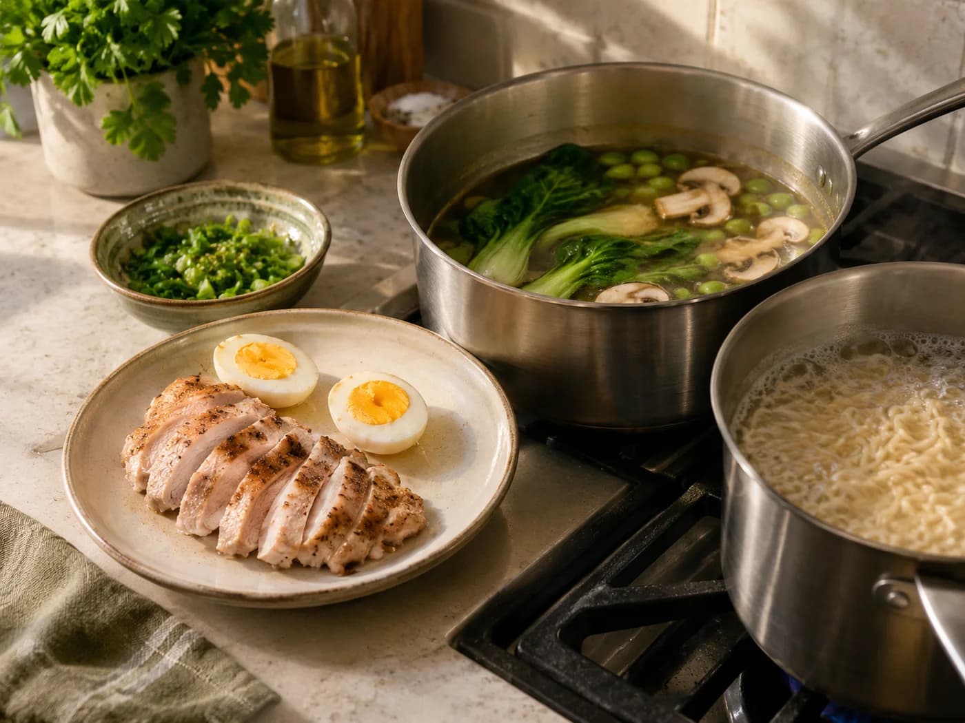Separate broth and noodle pots with cooked chicken and firm egg halves ready for assembly