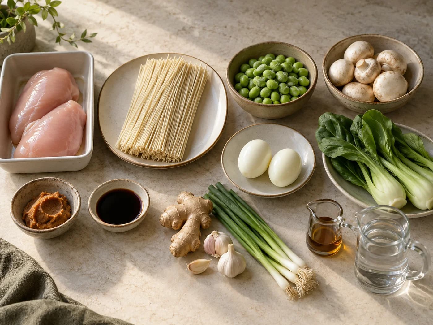 Separate chicken, dry ramen, cooked eggs, edamame, mushrooms, bok choy and measured seasonings