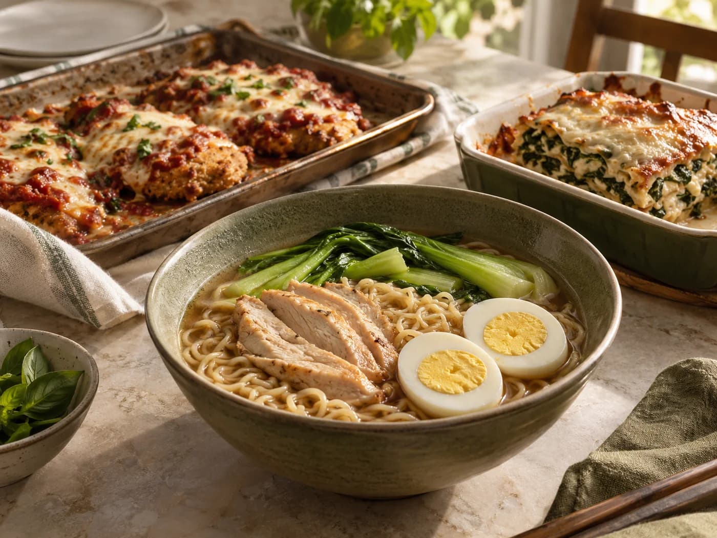 Ramen, chicken Parmesan and turkey spinach lasagna presented in separate dishes