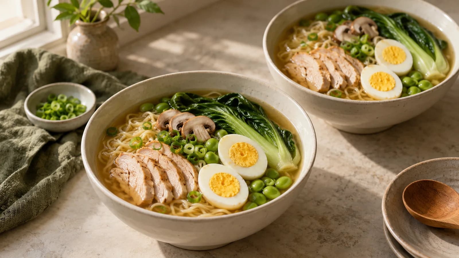 Two bowls of chicken miso ramen with noodles, firm eggs, bok choy, mushrooms and edamame