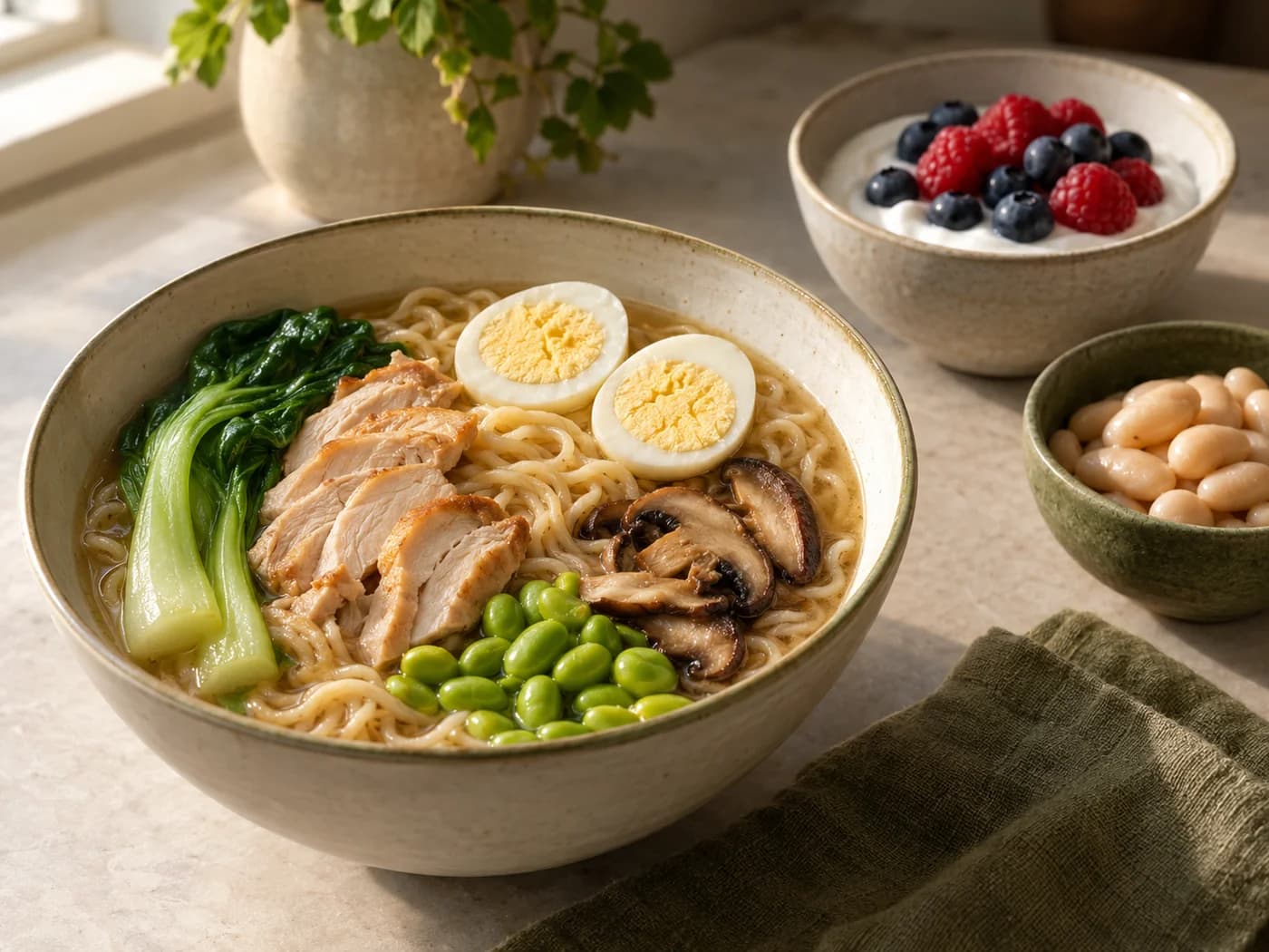 A ramen bowl with separate yogurt and bean meal ideas arranged farther back