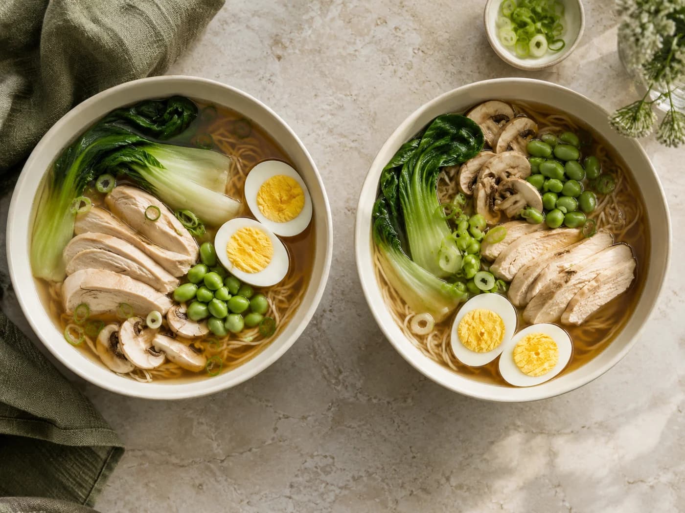 Two complete bowls of chicken miso ramen with firm egg halves, vegetables and edamame