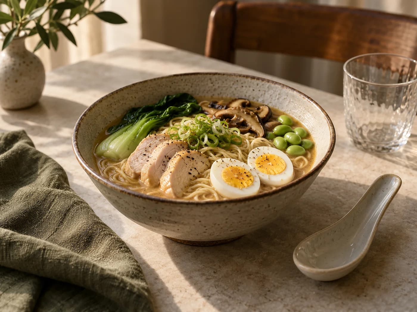 A complete ramen bowl at a dinner setting with a ceramic spoon and water glass