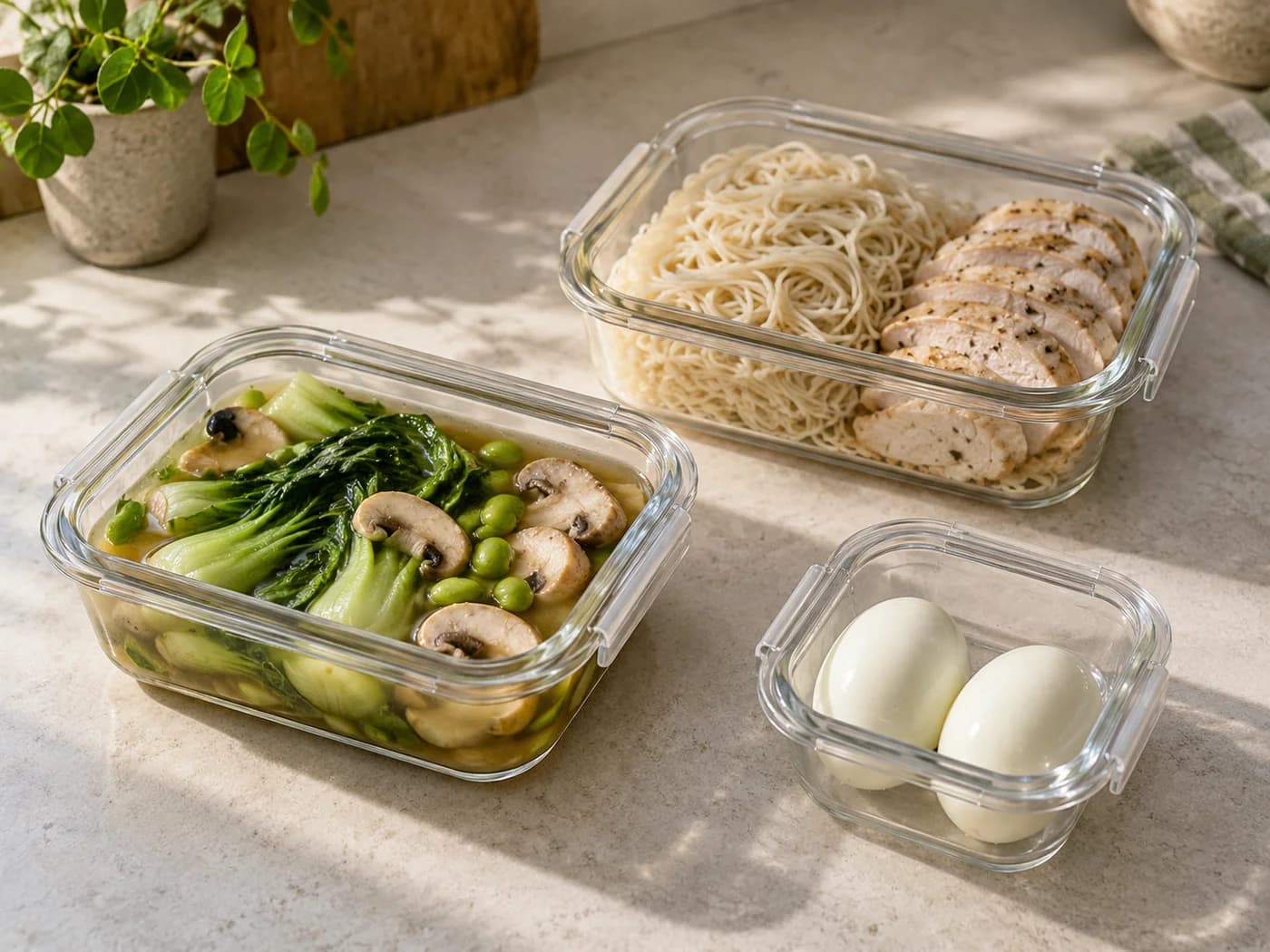 Separate shallow containers for broth and vegetables, noodles and chicken, and peeled eggs