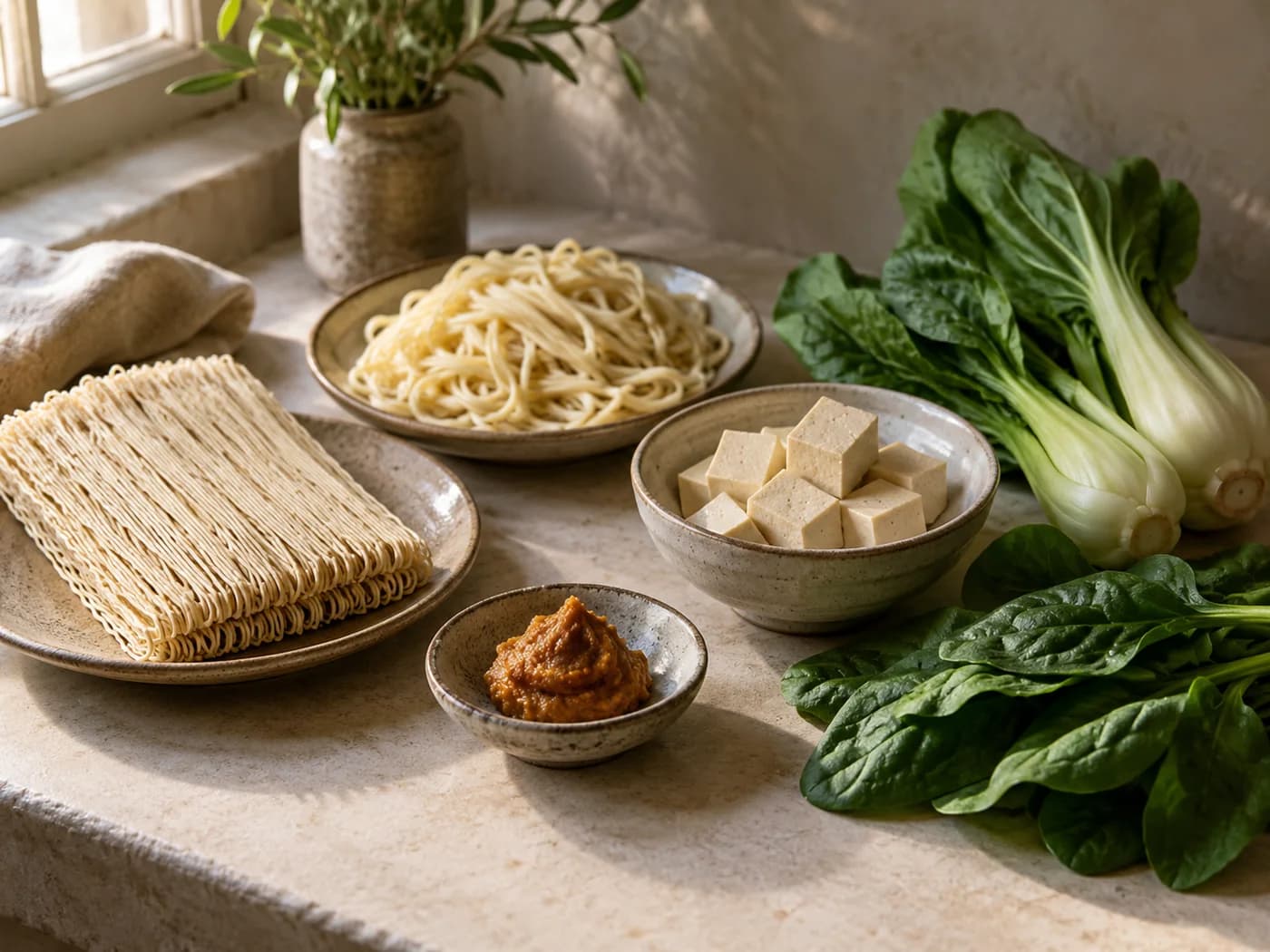 Dry and fresh noodles, tofu, bok choy, spinach and miso arranged as separate ingredient options