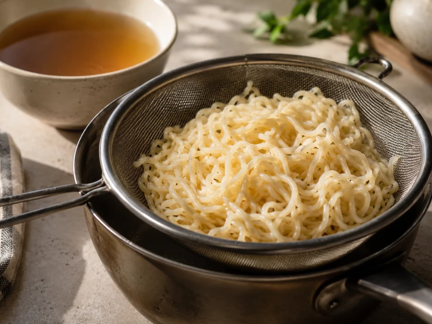 Cooked ramen noodles draining in a strainer above an empty pan