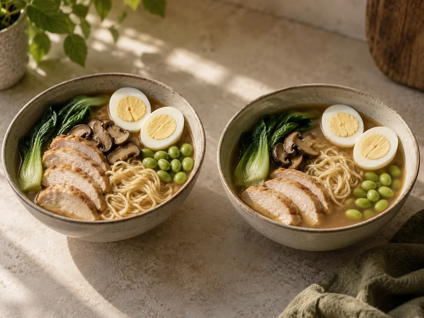 Two chicken ramen bowls with regular and smaller noodle portions