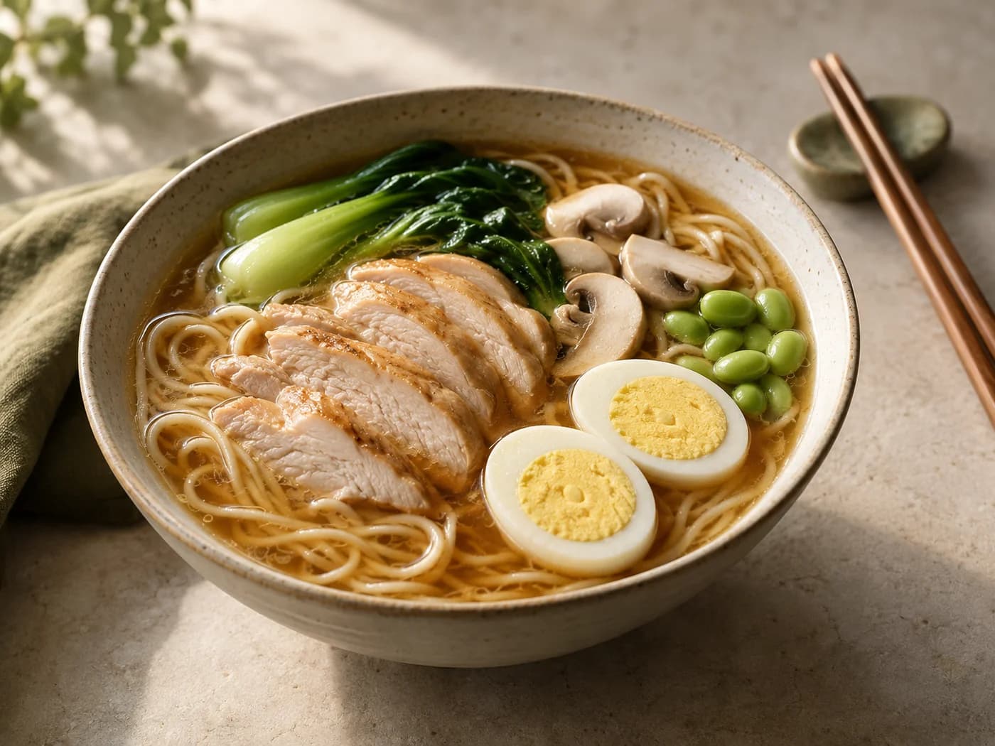 Chicken ramen with thin noodles, vegetables and a firm egg in a deep ivory bowl