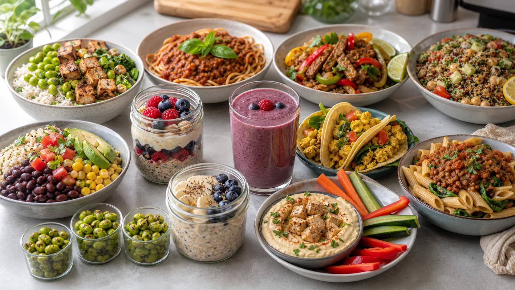 High-protein vegan recipe spread with tofu edamame rice bowl, tempeh lentil bolognese, seitan fajita bowl, chickpea quinoa salad, black bean burrito bowl, soy yogurt protein parfait, pea protein smoothie, tofu scramble tacos, lentil protein pasta, roasted edamame snack cups, vegan protein overnight oats, and hummus tofu dip