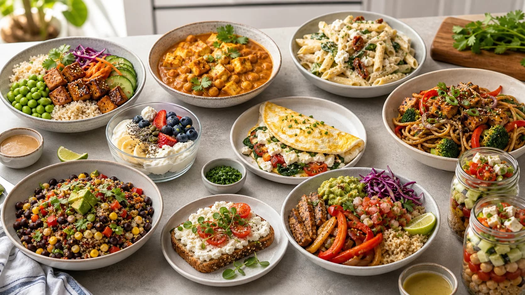 High-protein vegetarian recipe spread with tofu edamame rice bowl, paneer chickpea curry, lentil cottage cheese pasta, tempeh noodle stir-fry, Greek yogurt protein bowl, egg white feta omelette, black bean quinoa bowl, cottage cheese toast, seitan fajita bowl, and chickpea salad jars