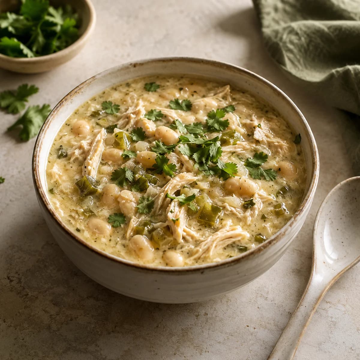 A bowl of creamy white chicken chili with beans and shredded chicken beside a spoon