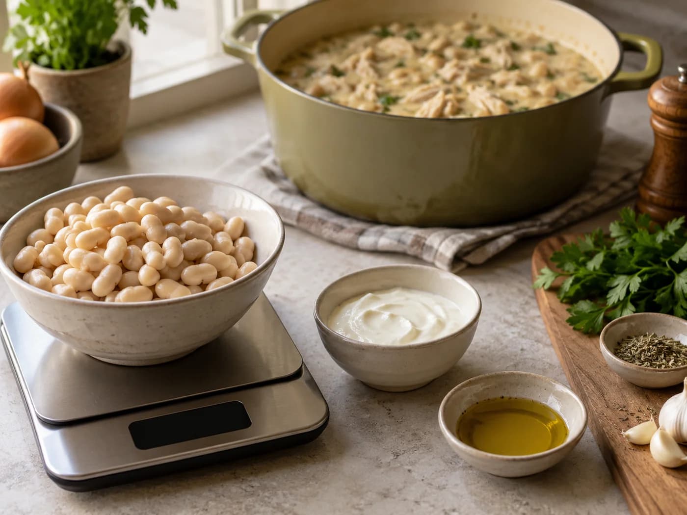 Cooked drained white beans on a kitchen scale beside yogurt and measured oil