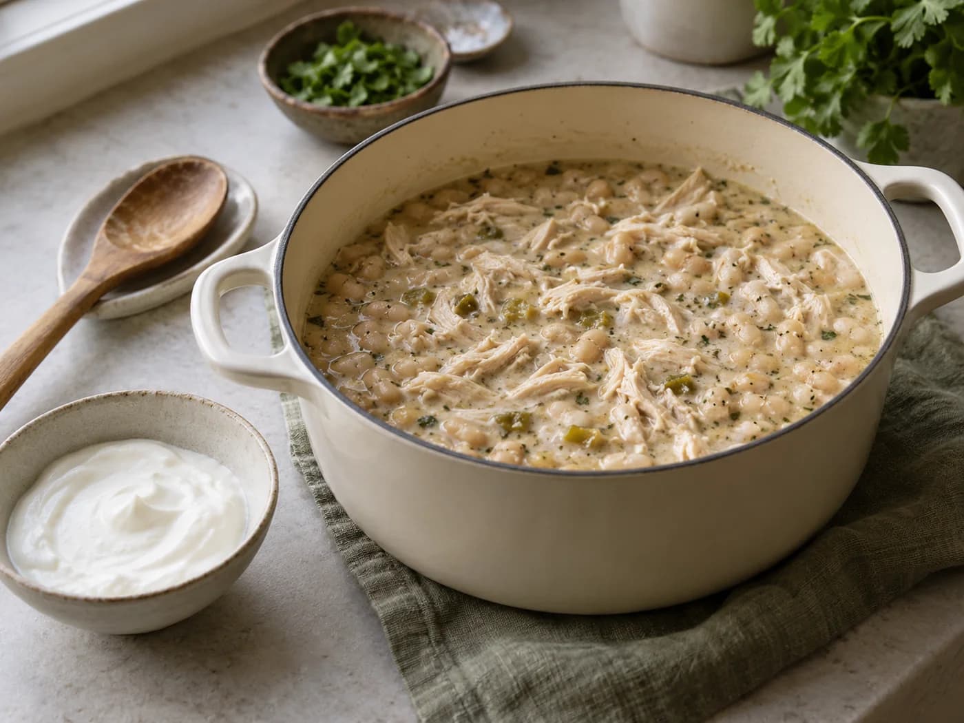 A pot of chicken and white-bean chili with yogurt ready for the finishing stage