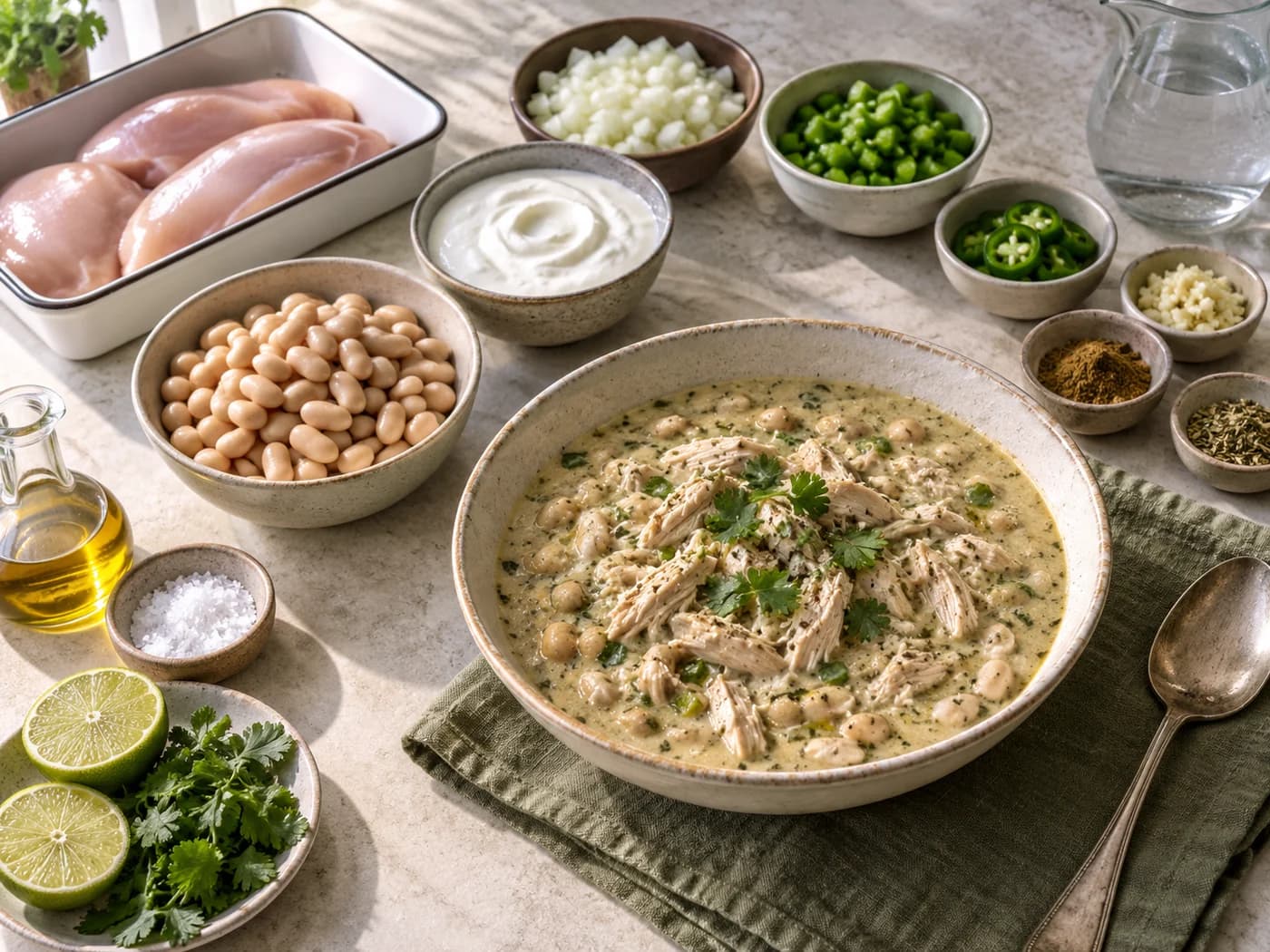 Separate raw chicken, cooked beans, yogurt, peppers, onion, spices, lime and cilantro