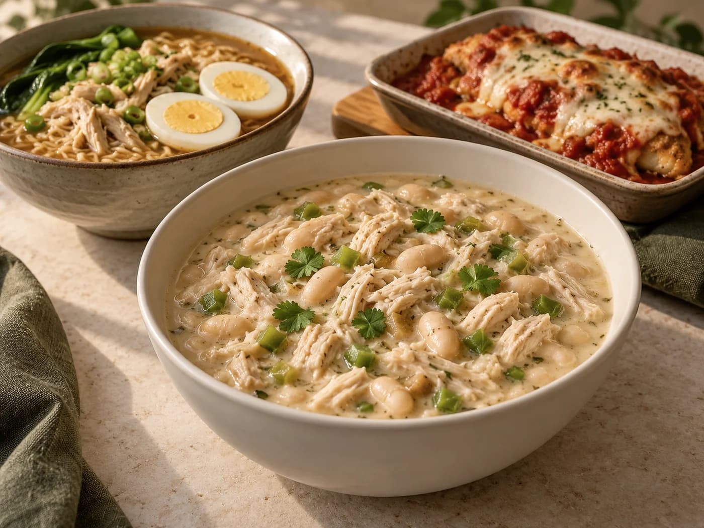 White chicken chili with separate chicken ramen and chicken Parmesan dishes