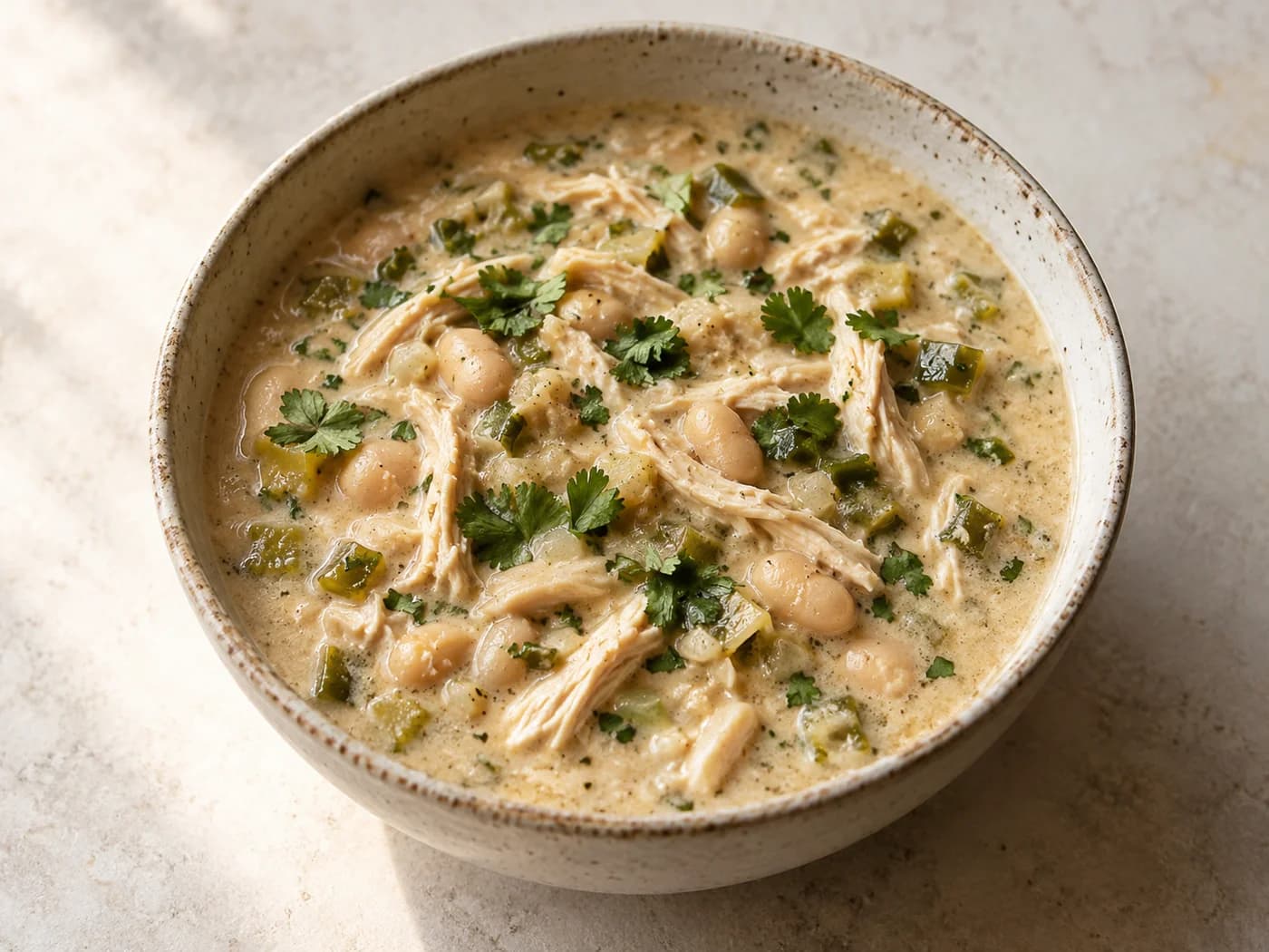 An overhead view of one complete white chicken chili serving