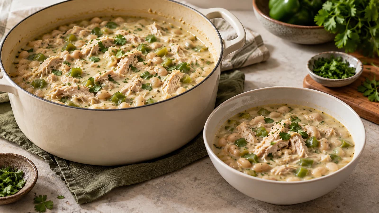 A pot and bowl of creamy white chicken chili with shredded chicken, white beans and green peppers