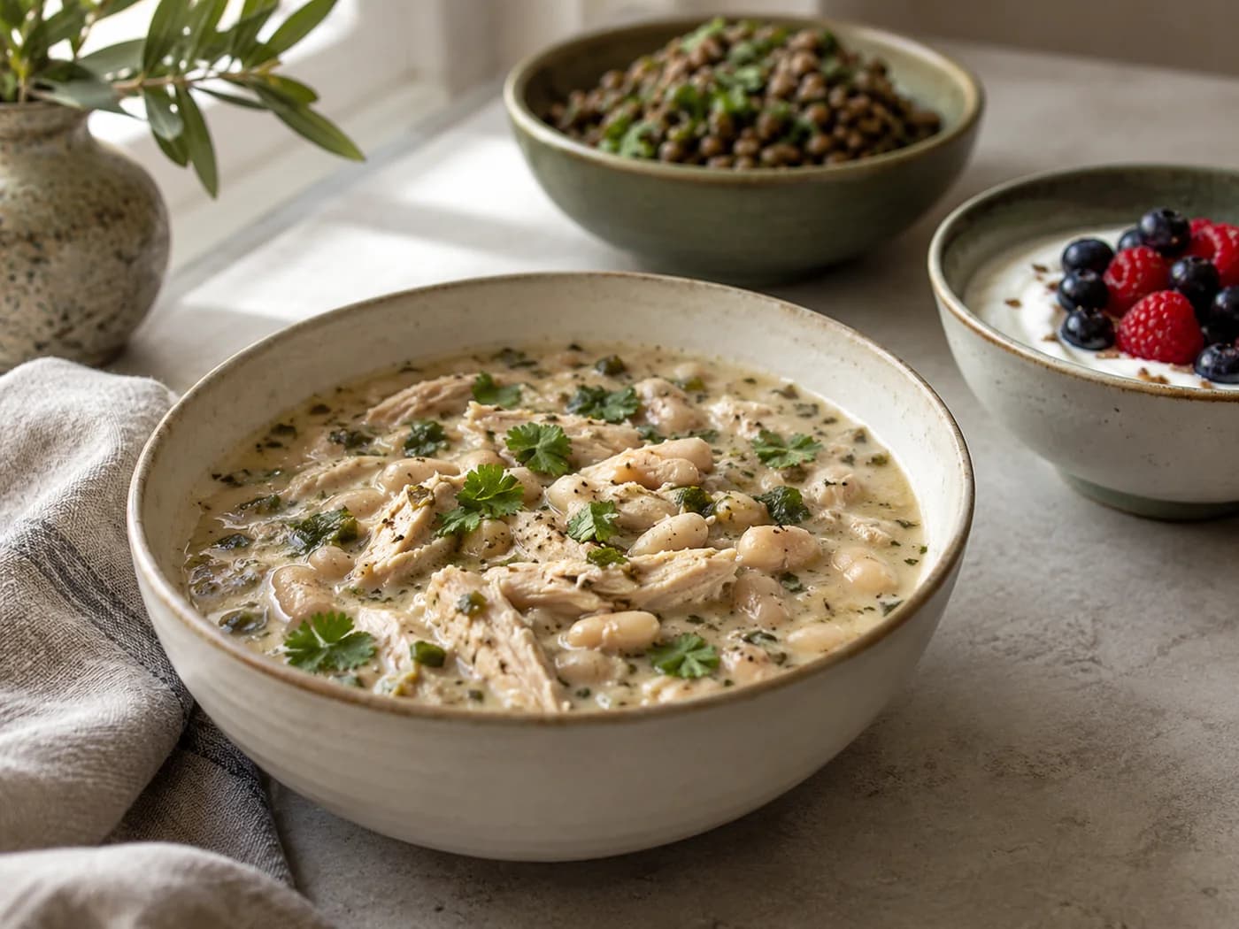 White chicken chili with separate yogurt and lentil meal ideas behind it