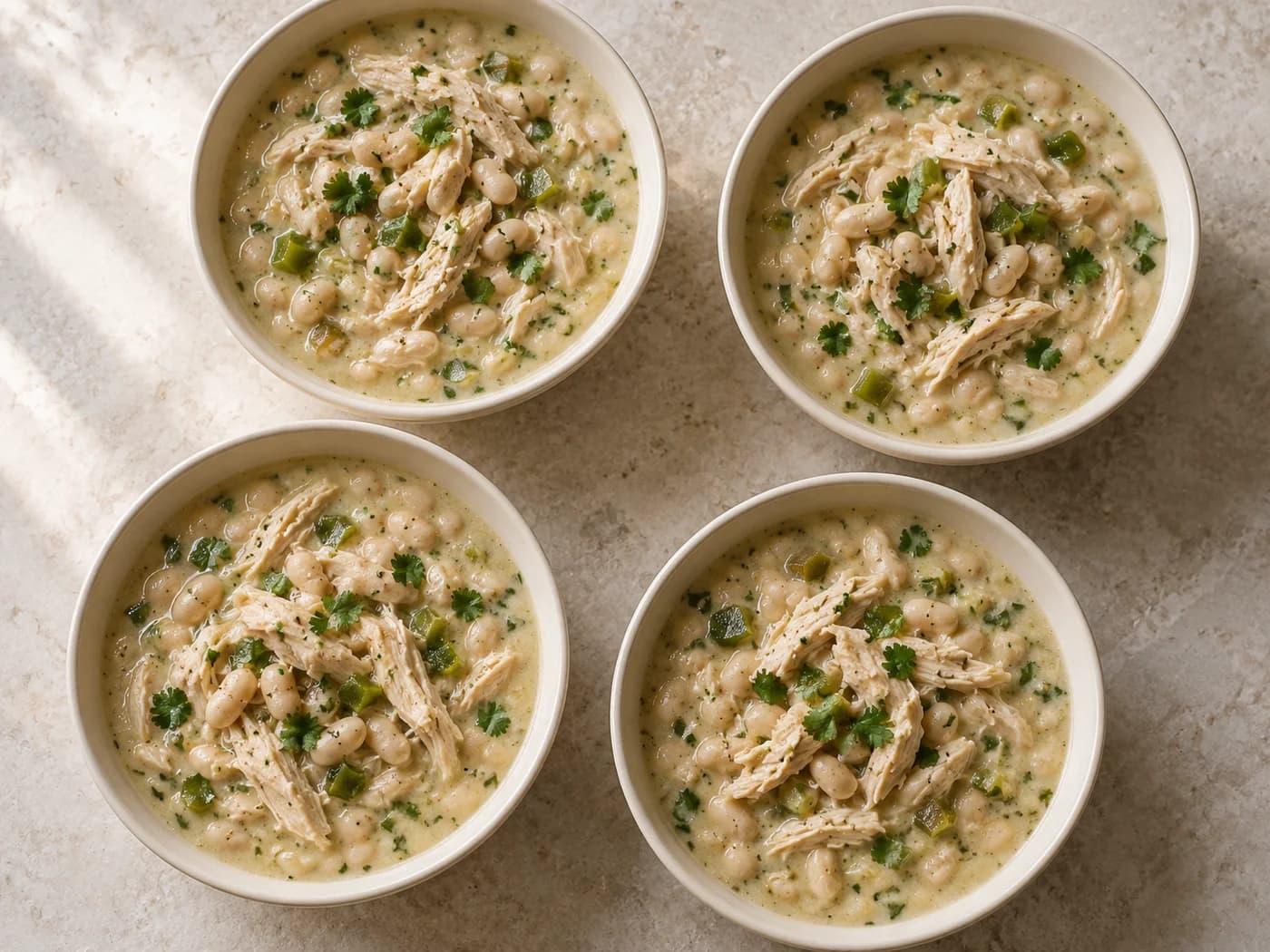 Four bowls of complete white chicken chili arranged on pale stone