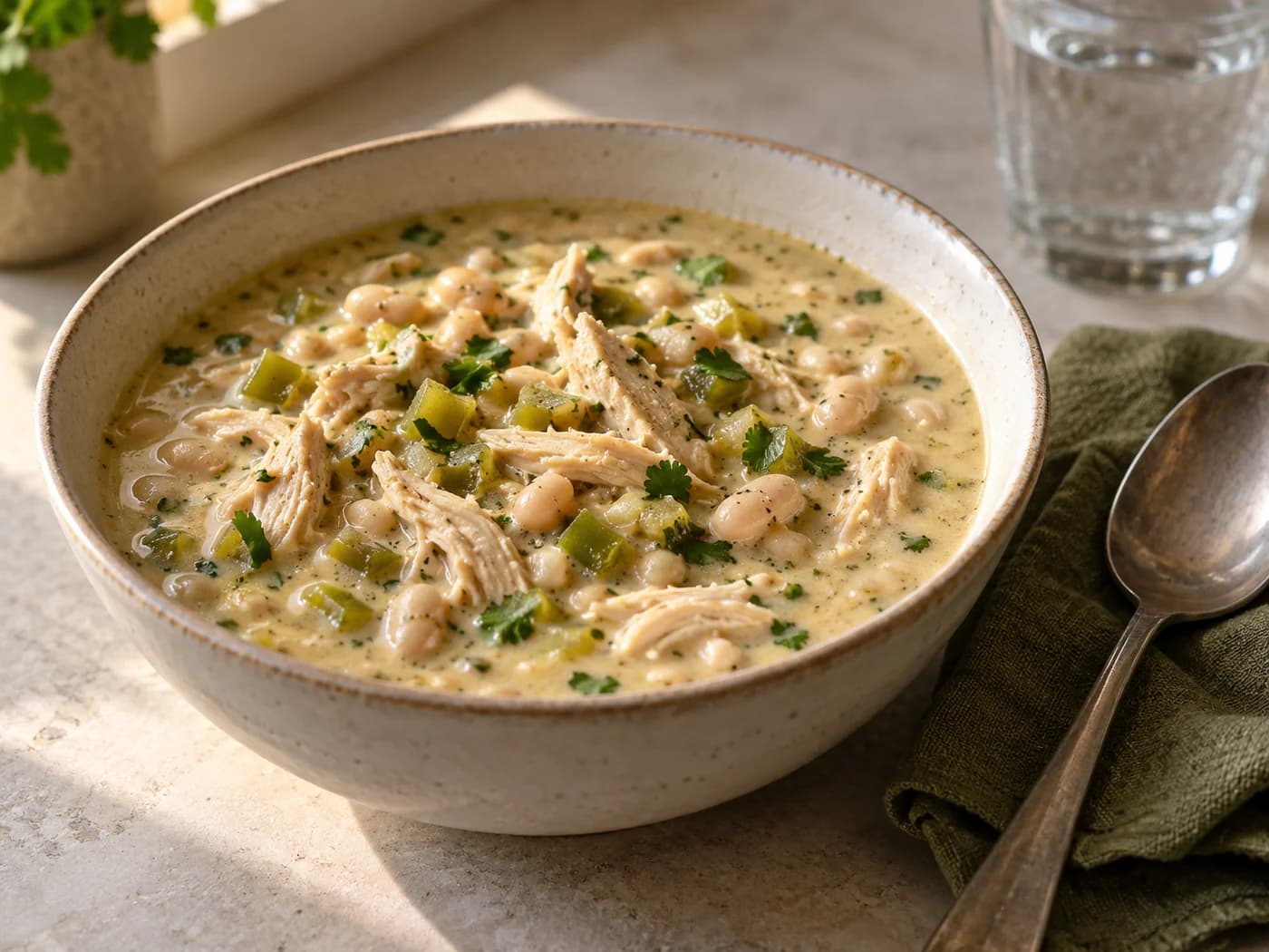 White chicken chili at a simple dinner setting with a spoon and olive napkin