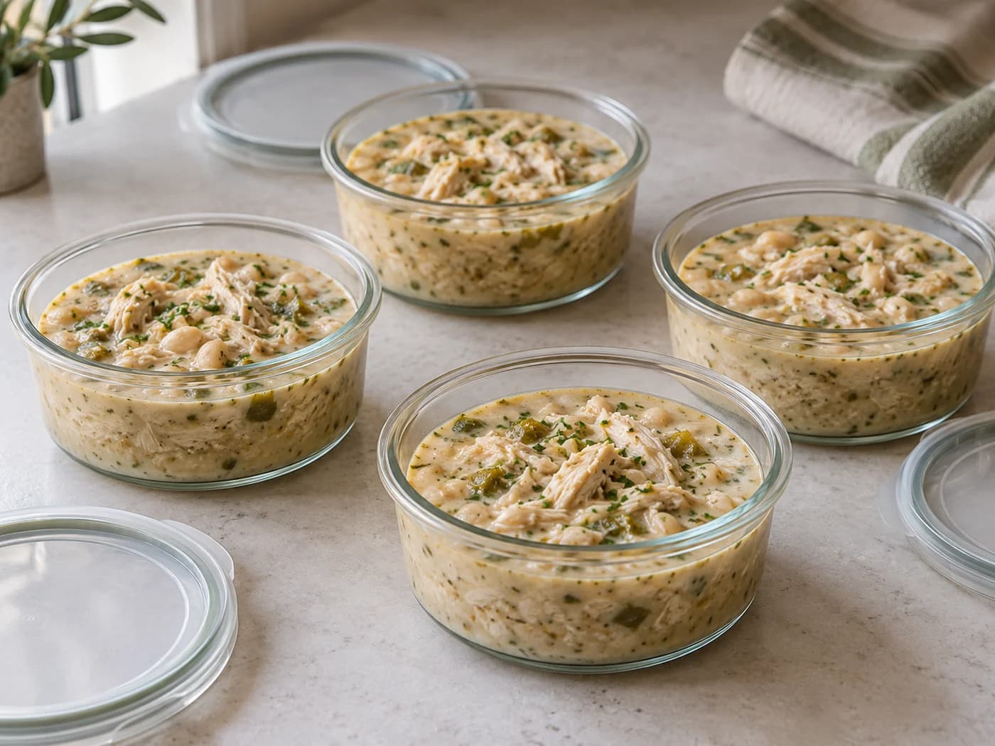 Four shallow containers of portioned chicken and white-bean chili