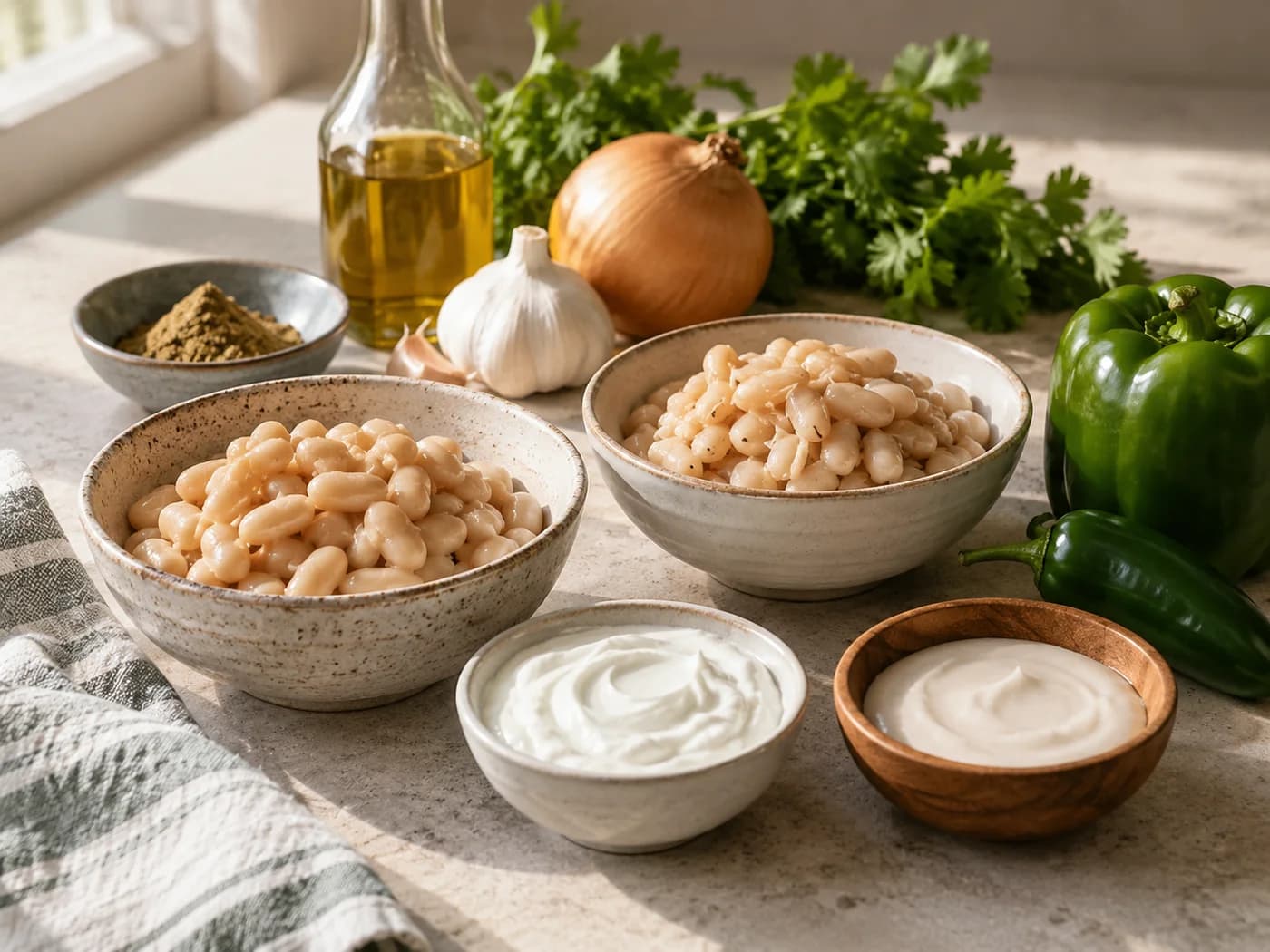 Different cooked white beans and creamy ingredient options beside green peppers