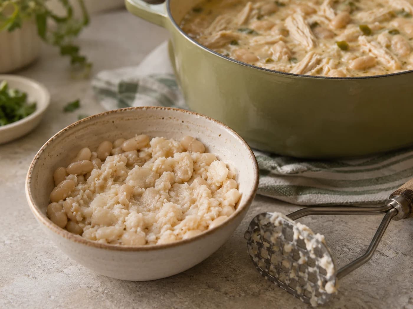 Mashed cooked white beans beside a pot of chicken chili