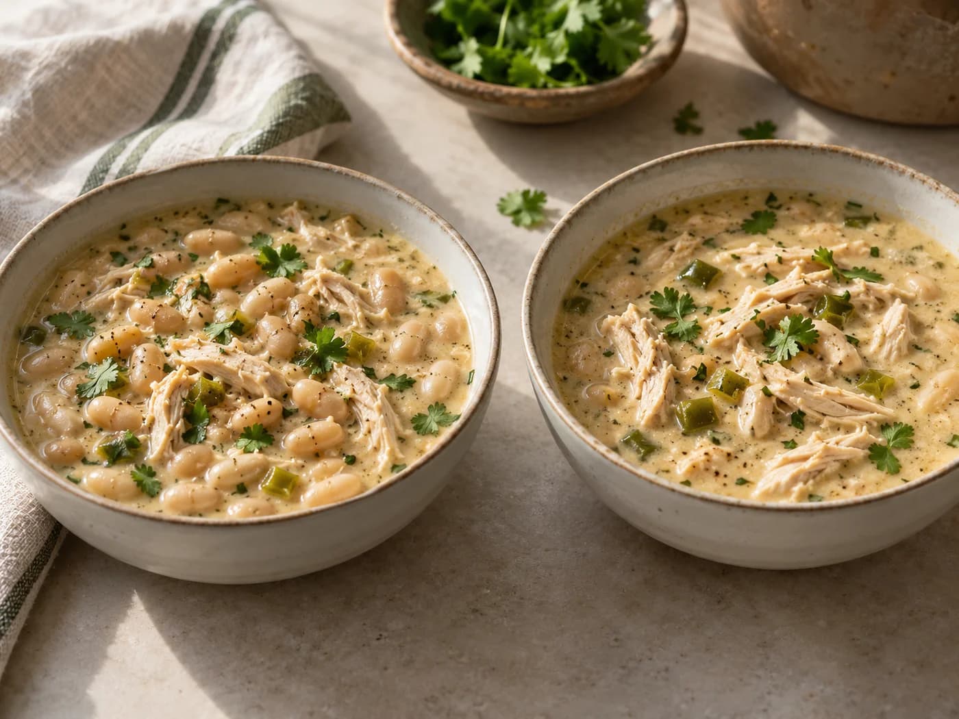 Two bowls of white chicken chili with regular and smaller bean portions