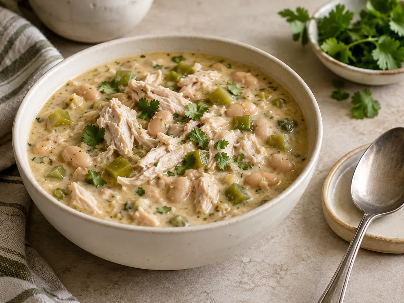 A close view of white chicken chili with intact beans, shredded chicken and cilantro