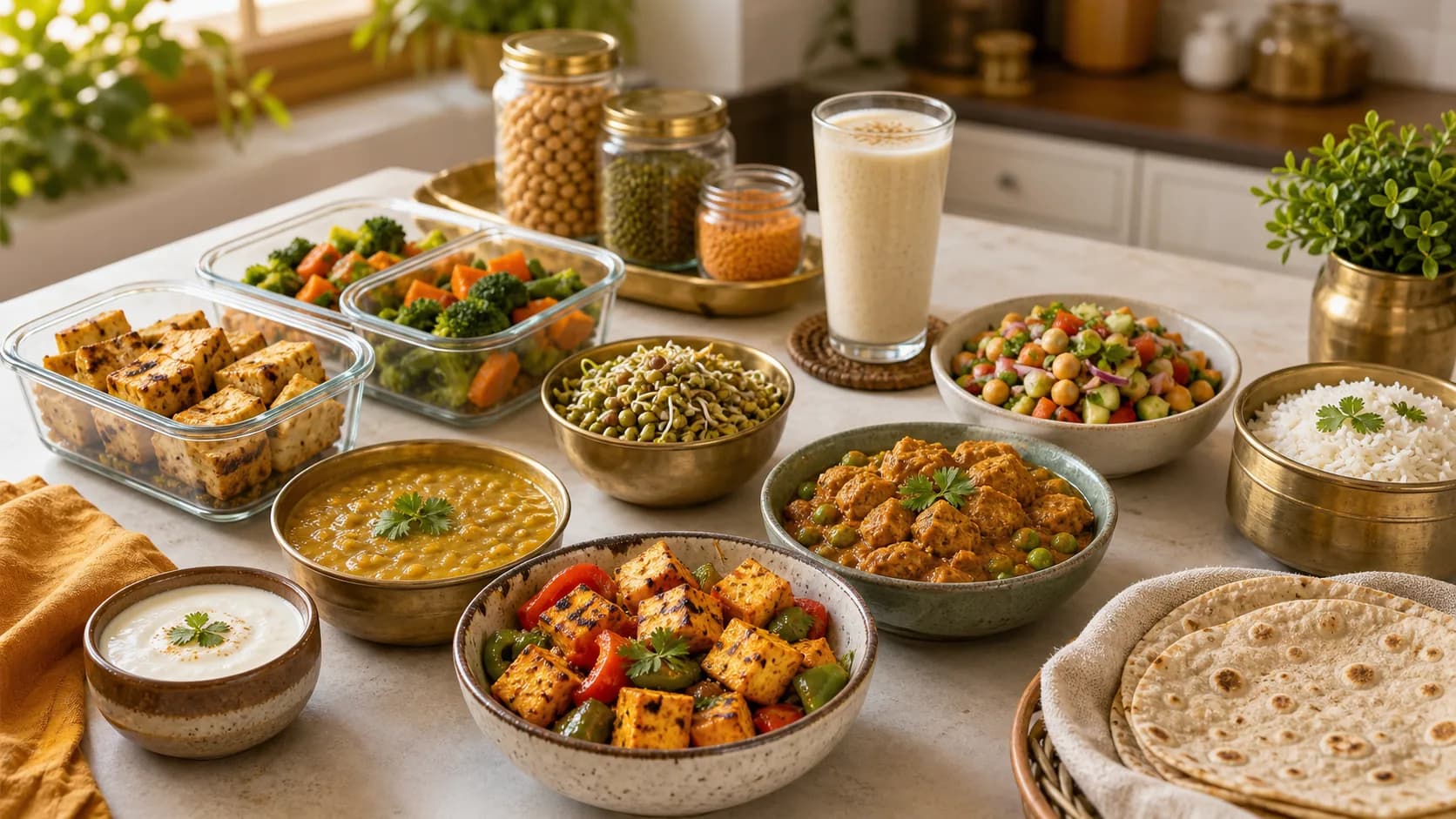 Indian vegetarian high-protein meal prep with paneer, dal, curd, soya chunks, chana, sprouts, and sattu