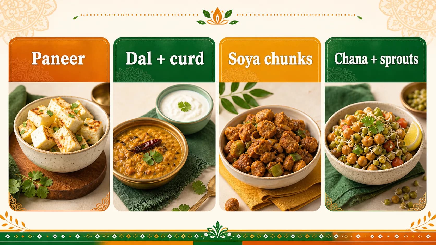 Indian vegetarian protein anchor infographic with paneer, dal and curd, soya chunks, and chana plus sprouts