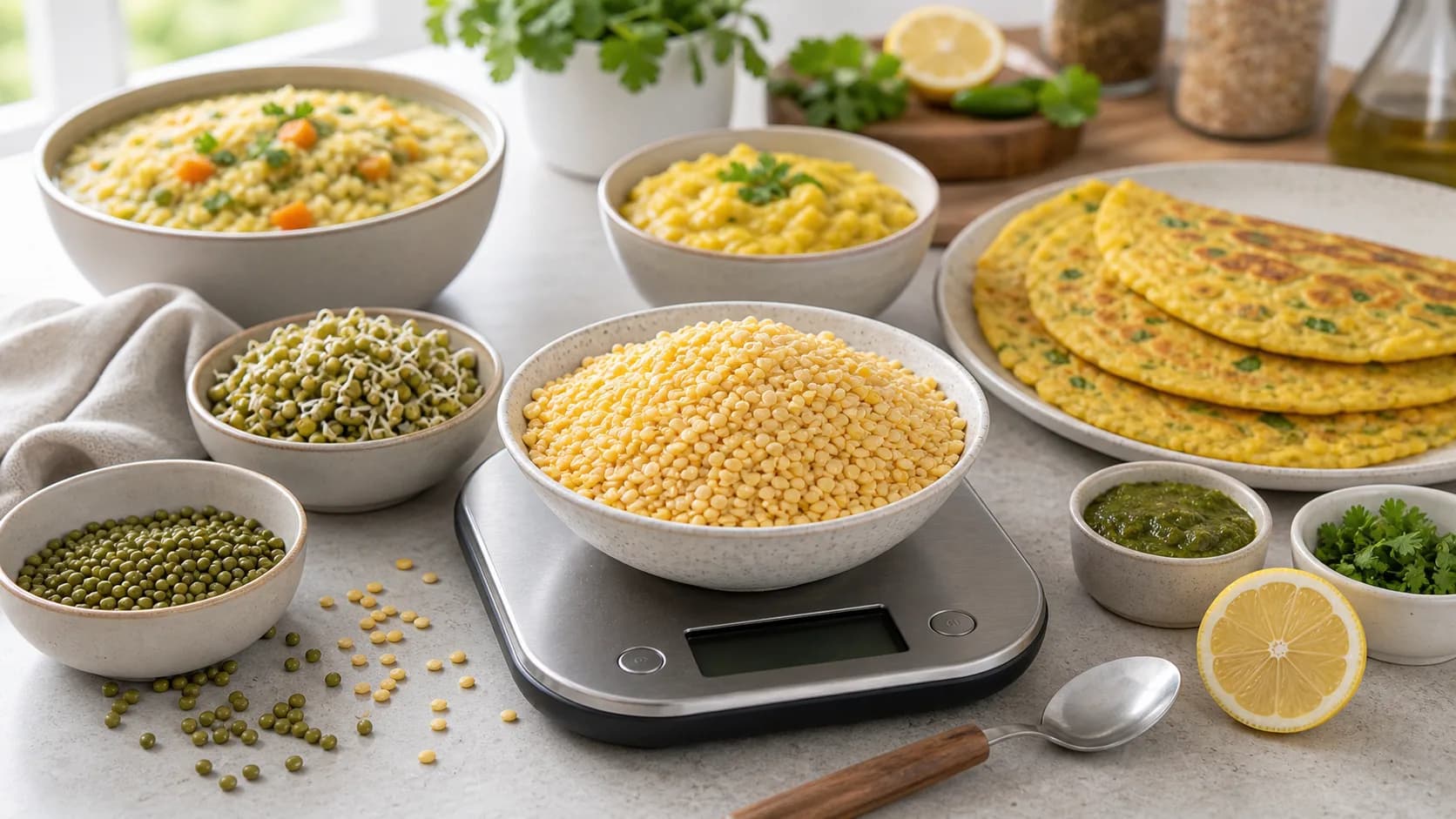 Dry split yellow moong dal on a kitchen scale with whole mung beans, sprouts, cooked dal, khichdi, chilla, lemon, and coriander