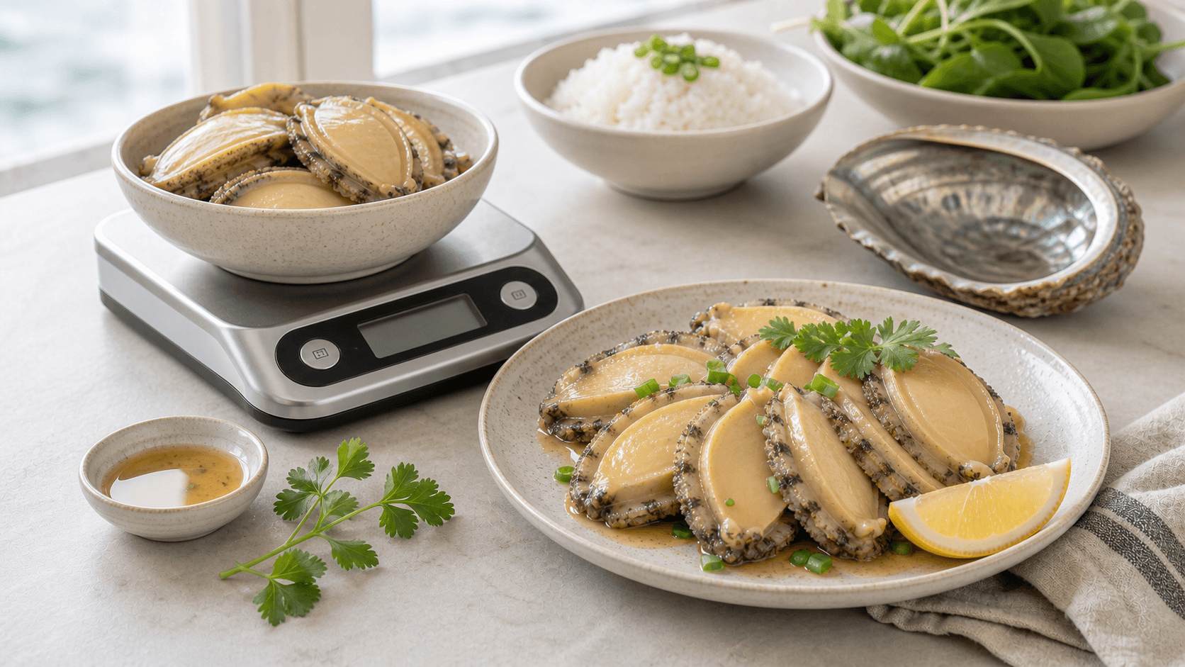 Cooked abalone slices with a shell, kitchen scale, rice, greens, lemon, herbs, and light sauce