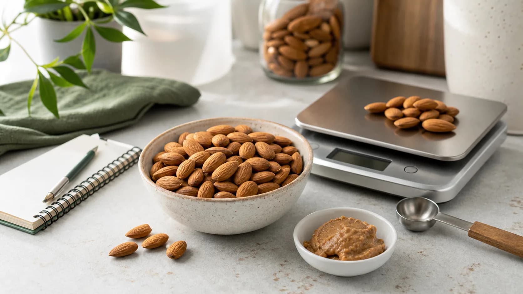 Measured raw almonds on a kitchen scale with almond butter and meal planning notes