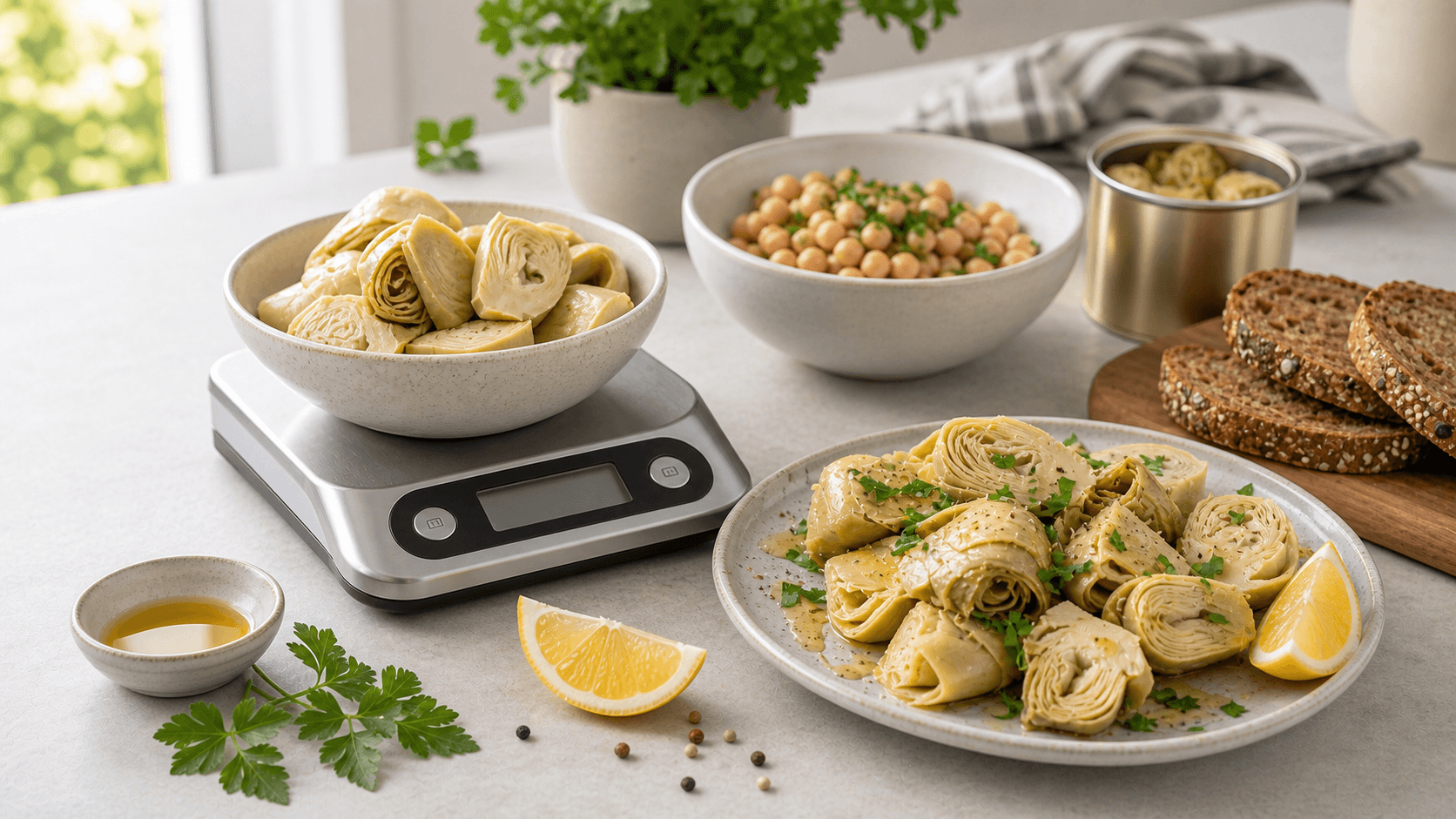 Artichoke hearts in bowls and on a plate with a kitchen scale, lemon, parsley, chickpeas, and whole-grain toast