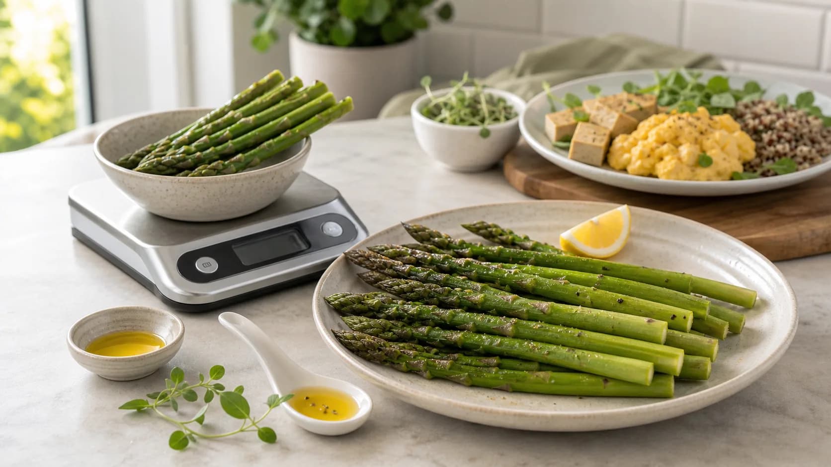 Cooked asparagus spears on a plate with a kitchen scale, lemon, herbs, olive oil, tofu, eggs, and grains