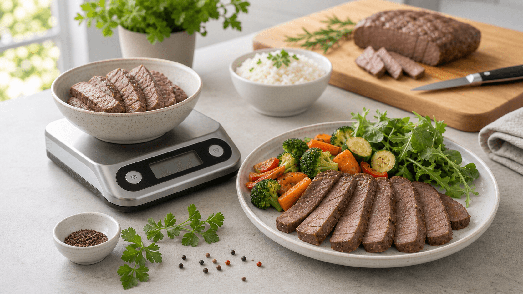 Sliced lean cooked beef with a kitchen scale, roasted vegetables, greens, rice, herbs, and a cutting board