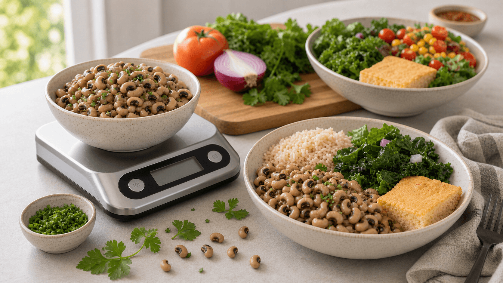 Cooked black-eyed peas on a kitchen scale with rice, cornbread, greens, tomato, onion, and herbs
