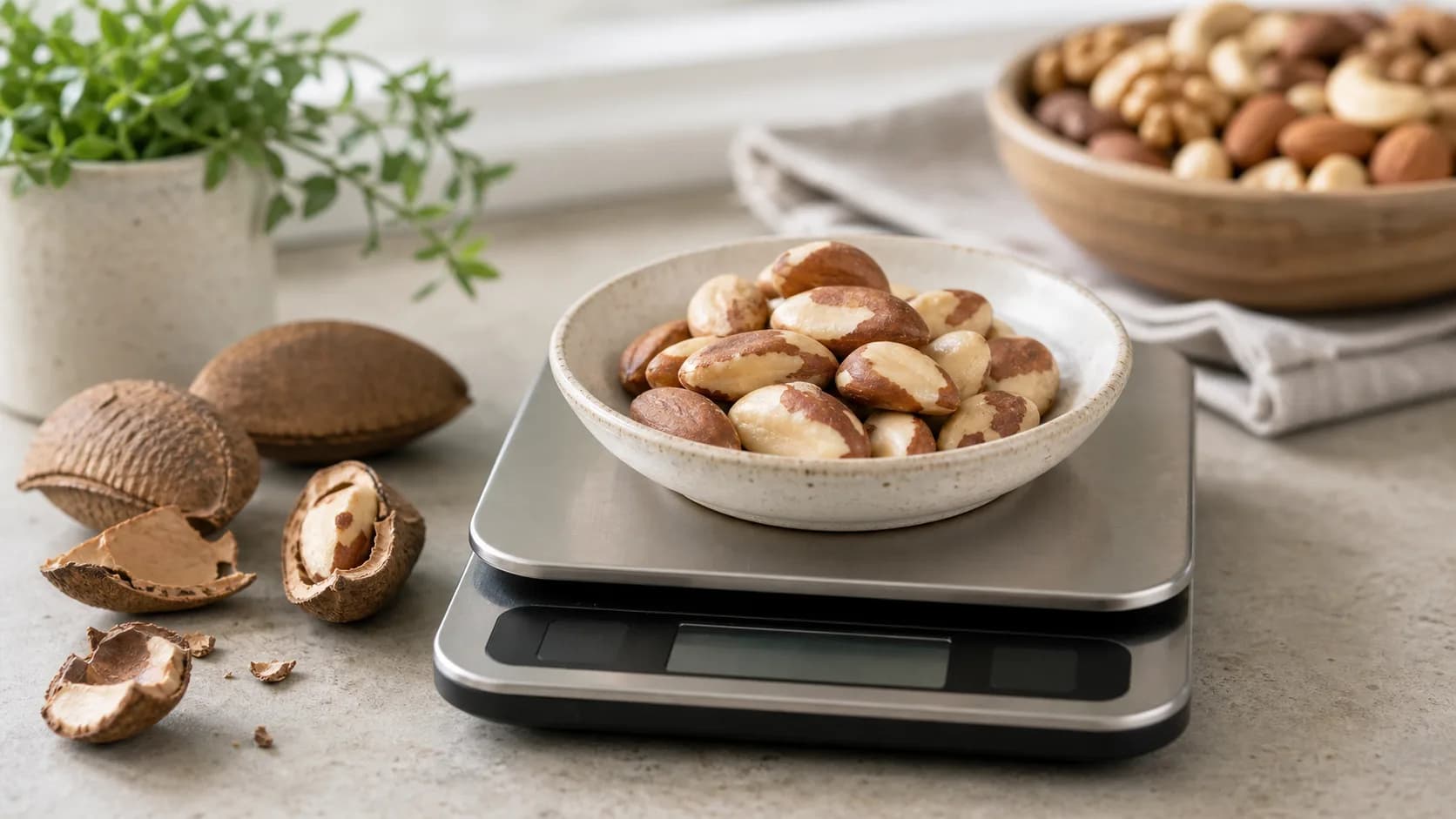 Raw Brazil nuts in a bowl on a kitchen scale with cracked shells and mixed nuts in the background