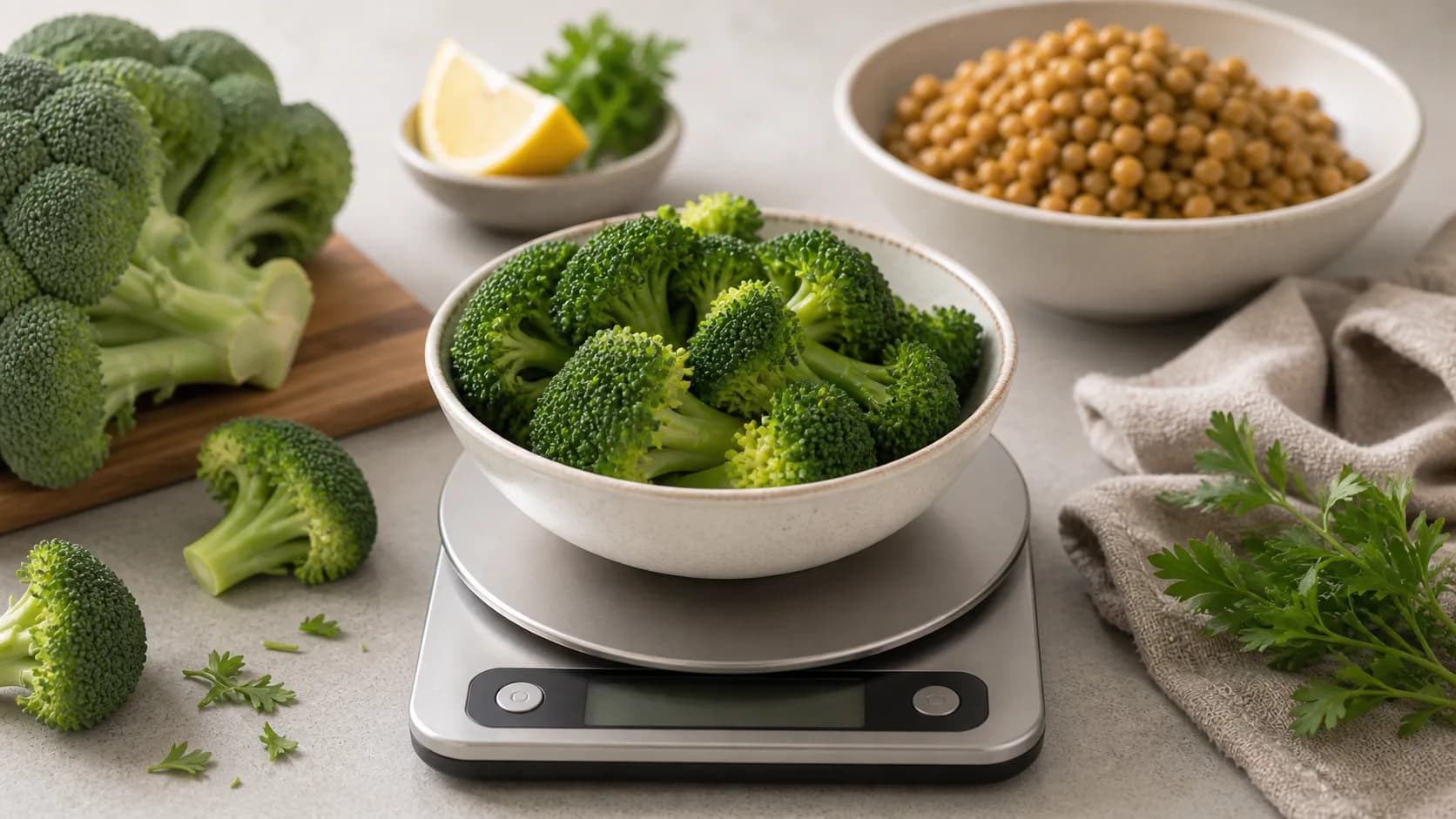 Steamed broccoli florets in a bowl on a kitchen scale with raw broccoli, lemon, herbs, and chickpeas