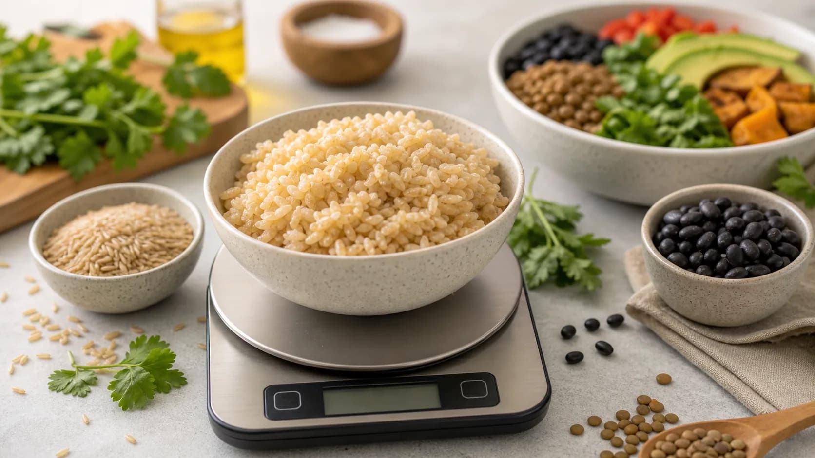 Cooked brown rice in a bowl on a kitchen scale with dry brown rice, black beans, lentils, herbs, and a vegan bowl