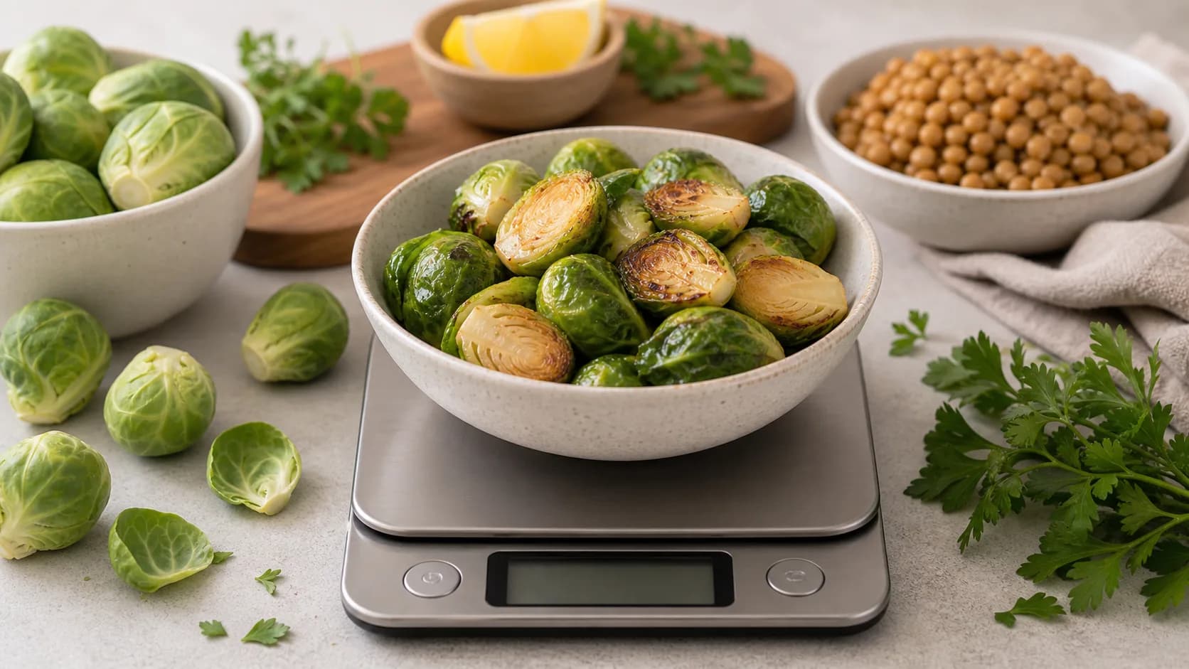 Roasted Brussels sprouts in a bowl on a kitchen scale with fresh Brussels sprouts, lemon, herbs, and chickpeas