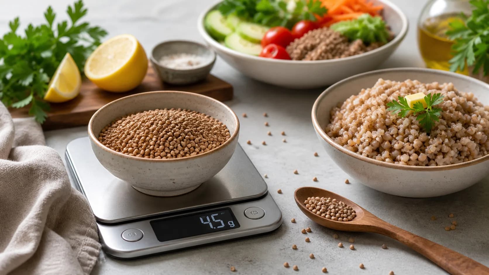 Dry buckwheat groats in a bowl on a kitchen scale with cooked kasha, herbs, lemon, and a vegan grain bowl