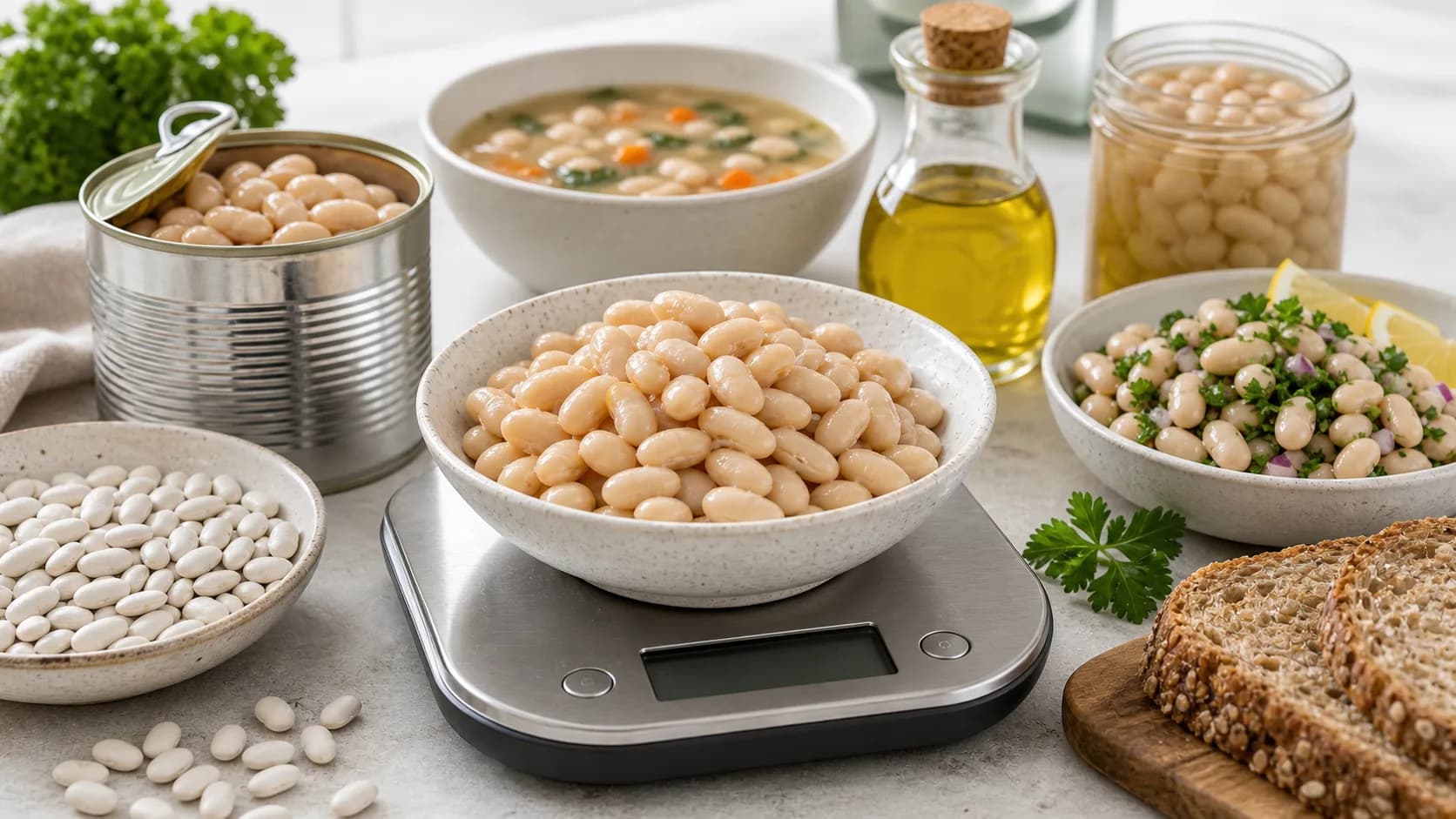 Cooked cannellini beans in a bowl on a kitchen scale with dried beans, canned beans, soup, salad, lemon, herbs, and toast