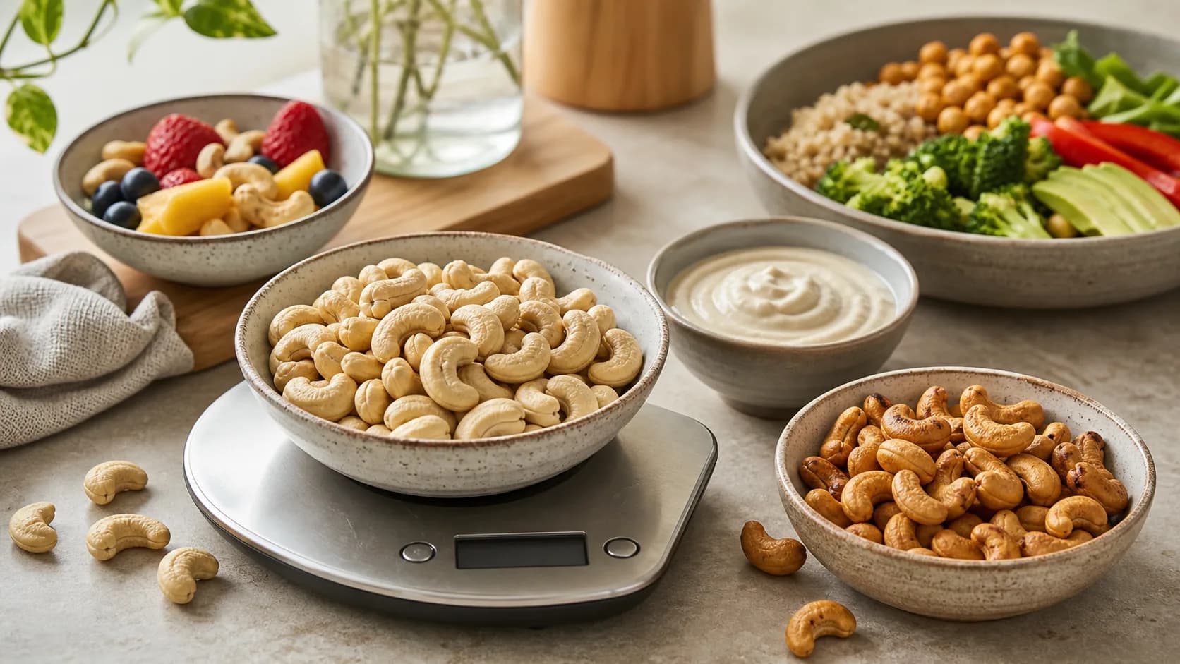 Raw cashews in a bowl on a kitchen scale with roasted cashews, vegan cashew sauce, fruit, and a plant-based meal bowl