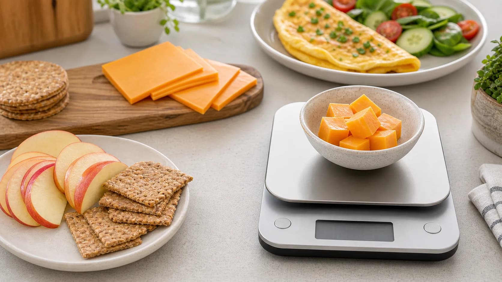 Cheddar cheese cubes on a kitchen scale with cheddar slices, crackers, apple slices, omelet, and salad in the background